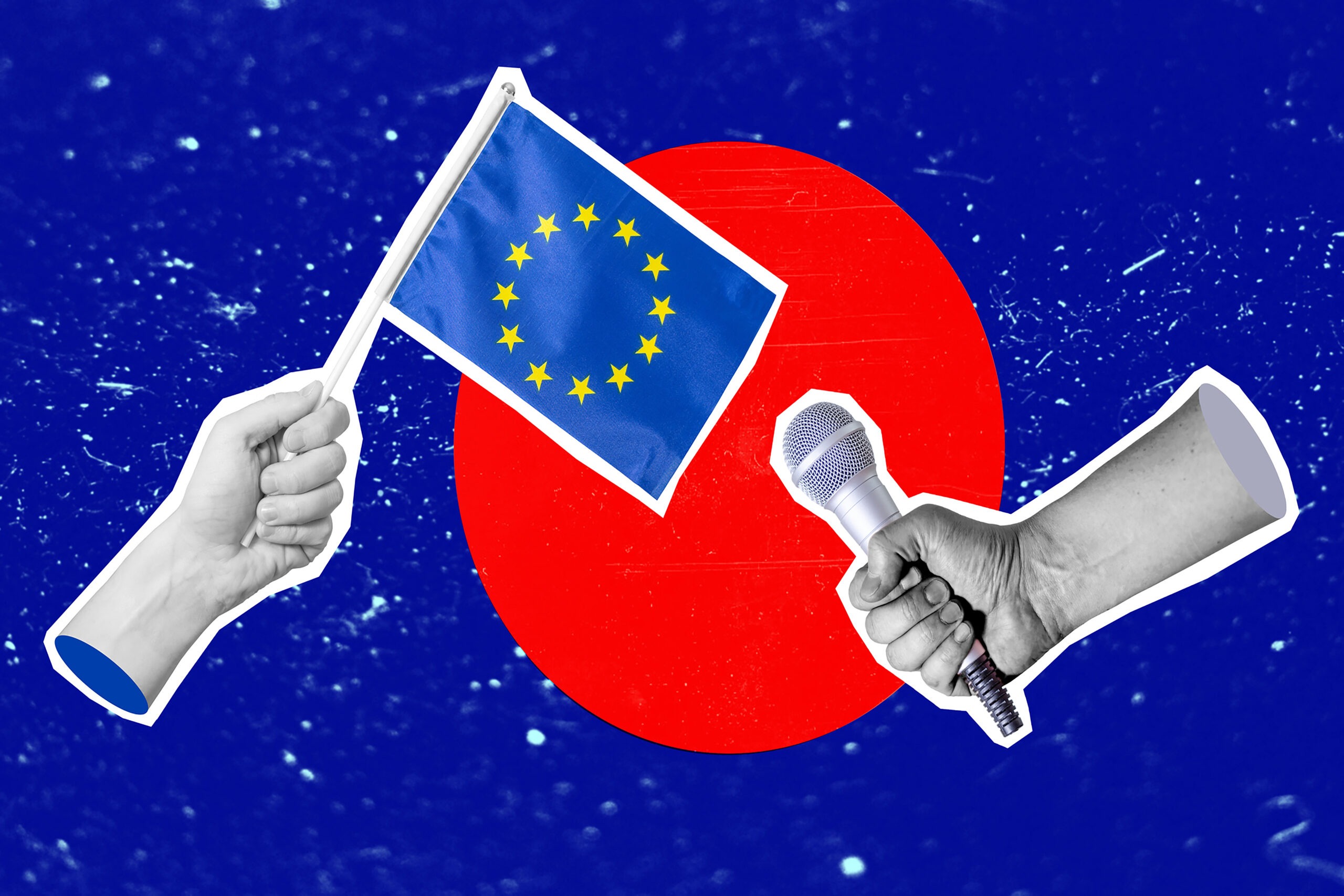 The art of collage, a collage of a hand holding a European Union flag, a microphone in the other hand. Concept interview with the EU on a blue shabby background.
